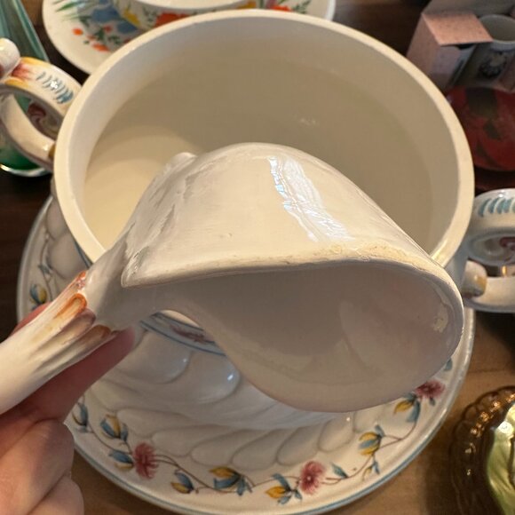 Italian Majolica Tureen, Ladle & Platter Hand Painted  Italian Majolica Tureen, Ladle & Platter Hand Painted Classical Floral Motifs